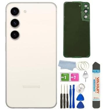 Imagem de Capa traseira de vidro compatível com Samsung Galaxy S23+ Plus S23 Plus com lente de câmera e fita pré-instalada + ferramentas (creme)