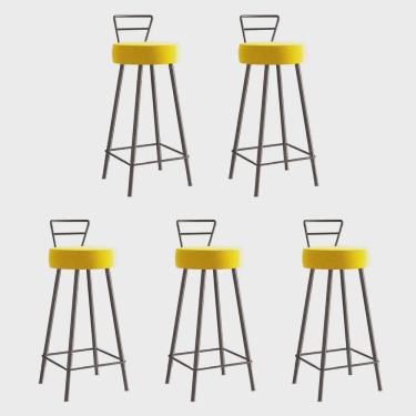 Imagem de Kit 05 Banqueta Alta Com Encosto Tina Eiffel Cozinha Bar Bistrô Ferro Marrom Corino Amarelo - Ahz Móveis