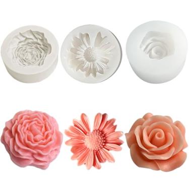 Imagem de Pacote com 3 moldes de vela de silicone para fabricação de velas, moldes de flores, molde de vela de silicone para velas perfumadas faça você mesmo, cera de soja, bolo, sabonete, fundição de resina