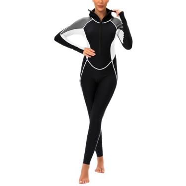 Imagem de FEOYA Maiô feminino de manga comprida, maiô muçulmano com capuz, Preto/branco/cinza, GG