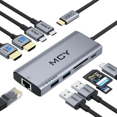 Imagem de MCY Estação de ancoragem para laptop único 8K, monitor duplo 4K a 60Hz, hub Ethernet USB C 10 em 1, vários adaptadores USB-C para HDMI PD100W, porta de dados USB, SD/TF, base dongle tipo C para