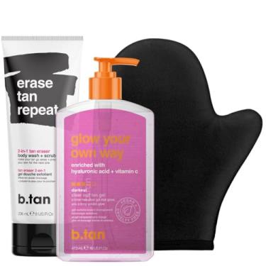 Imagem de B.TAN Kit De Gel Autobronzeador E Esfoliante B.Tan Clear, Brilhe Do Seu Jeito + Pacote De Repetição De Bronzeado - 1 Hora Expresso, Bronzeador Falso Escuro Resistente A Transferência, Esfoliante 2 E