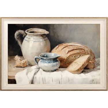 Imagem de ASTRDECOR Arte de parede de cozinha emoldurada, pintura moderna de natureza morta silenciosa, decoração de parede de casa de fazenda, impressões de arte em tela de pão de fermento, potes rústicos