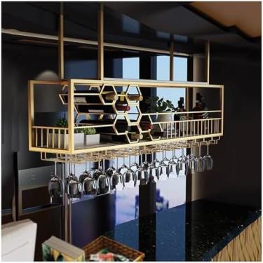 Imagem de CUTPOIY Rack de vinho de teto, rack de vinho suspenso com suporte de vidro e prateleira, suporte de garrafa de vinho pendurado industrial, prateleiras flutuantes de unidade de bar, rack de vinho