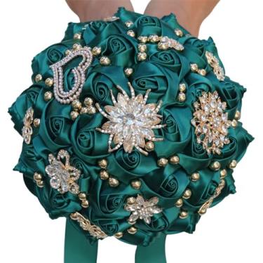 Imagem de SuiHyung Buquê de casamento de 21 cm para noiva, buquê de flores artificiais, rosa de seda, dama de honra, para casamento, decoração de festa de casamento, flores artificiais (verde escuro)