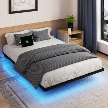 Imagem de OLEVS Estrutura de cama flutuante completa com estação de carregamento e luz de LED, design flutuante de cama plataforma fácil de montar, sem necessidade de mola de caixa