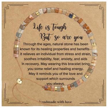 Imagem de Plumiss Pulseiras de presentes inspiradoras para mulheres, pulseiras Boho feitas à mão com contas de pedra jaspe, pulseira Life is Tough But So Are You, 6.5, Pedra, Sem Pedra Preciosa