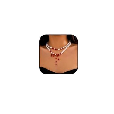 Imagem de Colar feminino de pérolas de sangue pingando no dia das bruxas, gargantilha de pérolas de sangue em camadas ajustáveis, colares góticos de vampiro, punk e bijuteria de fantasia de Halloween, Large