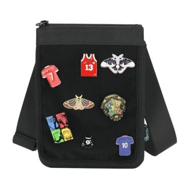Imagem de Beautyflier Bolsa pequena para exibição de pinos, bolsa tiracolo para organização de pinos, bolsa estilosa para exibição de emblemas para cosplay, viagem, festa temática, preta, Preto