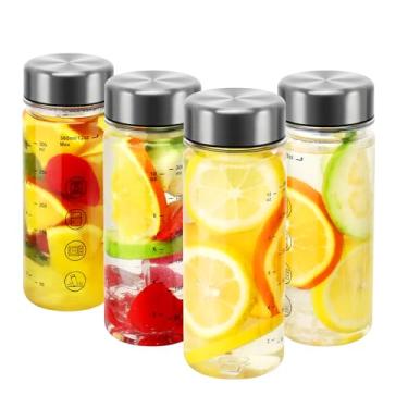 Imagem de Garrafas de suco com tampas – Garrafas de água de plástico transparente reutilizáveis de boca larga para sucos, vitaminas, proteínas, recipientes de armazenamento, sem BPA, tampa de aço inoxidável à