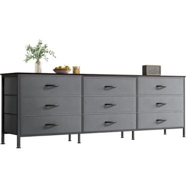 Imagem de Huuger Cômoda de 163 cm para quarto, cômoda para armário com 9 gavetas, suporte de TV grande para TV de 55, 65, 70 polegadas, centro de entretenimento com armazenamento, cômoda larga e longa, nogueira