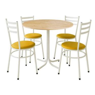Imagem de Mesa de Jantar Redonda 80cm Pinus Com 4 Cadeiras Estofada Branca - Lam