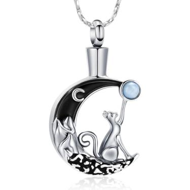 Imagem de Imrsanl Joias de cremação para animais de estimação para cinzas, gato, lua, urna, colar para homens e mulheres, pingente de cinzas para amantes de gatos, Aço inoxidável, Sem Pedra Preciosa