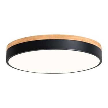 Imagem de Vikaey Luminária De Teto Moderna Madeira Com Led, Luzes Embutidas Pretas Simples, Luminárias Circulares 4000K Para Sala Estar, Quarto, Jantar, Cozinha E Lavanderia (Sem Dimerização)