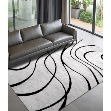 Imagem de YIHOUSE Tapetes modernos para quarto, tapete preto e branco lavável 12 x 18 cm, tapete listrado geométrico geométrico fino e minimalista, tapetes pretos para quarto, cozinha, sala de jantar e