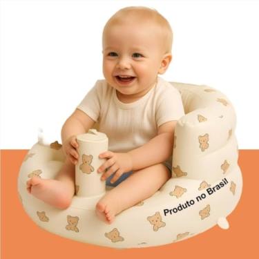Imagem de Assento Infantil Inflável com Encosto E Apoio Para Bebê Sentar, 3 a 36 Meses, Branco e Bege.