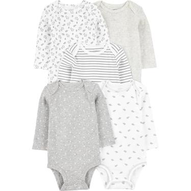 Imagem de Simple Joys by Carter's Pacote com 5 bodies unissex de manga comprida, Cinza/branco, 3-6 Meses