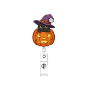Imagem de Carretel retrátil de crachá de Halloween Pumpkins gato preto, clipe de identificação, cartão de identificação, presente para enfermeira, professor, estudante, escritório, acessórios de nome