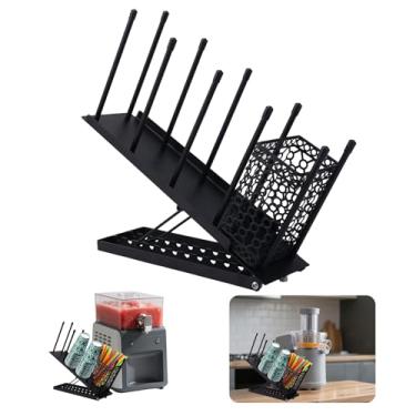 Imagem de Organizador de copos para máquina Ninja Slushie, xícaras de café ajustáveis de metal, tampas e canudos, 4 compartimentos com cesta de malha, acessórios de armazenamento de cafeteria de cozinha (preto)