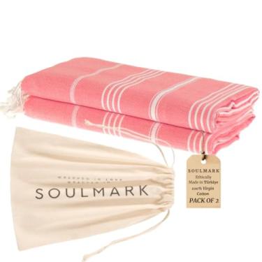 Imagem de SOULMARK Pacote com 2 toalhas de praia de algodão turco - grande 96,5 cm x 180,3 cm cobertor de praia de secagem rápida sem areia, leve, ultra absorvente, pré-lavado - feito em verde (vermelho salmão)