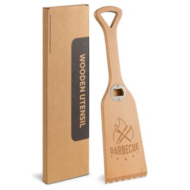 Imagem de salato Raspador de madeira com abridor de garrafas, raspador de grelha de madeira resistente de 40 cm para churrasqueira externa - Uma peça de madeira de faia maciça, sem cerdas - Limpador de escova