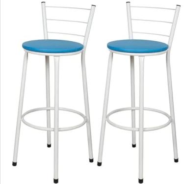 Imagem de Jogo 2 Banqueta Alta Para Cozinha Branca Epoxi Assento Azul