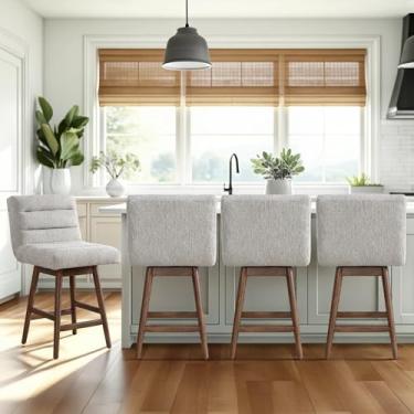 Imagem de Armen Living Banqueta giratória Elias Brown estofada de madeira maciça 66 cm com assento de tecido Morning Fog - Conjunto de 4