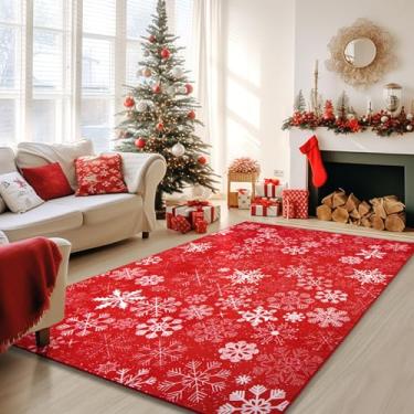 Imagem de Asrug Tapete vermelho de Natal - 10 x 15 cm de floco de neve lavável para corredor, antiderrapante, cobertura de piso de diamante, detalhe geométrico, tapete pequeno para quarto, sala de estar,