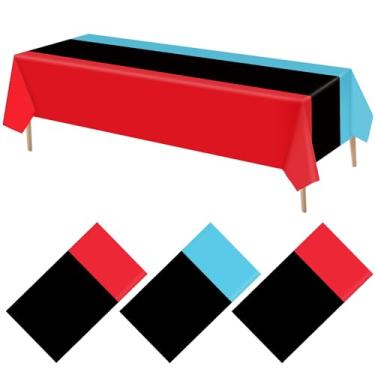 Imagem de VitalCozy Pacote com 3 toalhas de mesa de plástico descartáveis para decoração de festa de aniversário de formatura, casamento, 129 x 274 cm (azul, preto e vermelho)