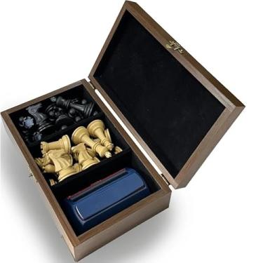 Imagem de Caixa de Xadrez Profissional em Madeira Nobre, Interior Aveludado, com Compartimentos para Peças e Relógio, Acabamento em Latão Dourado (não acompanham as peças e o relógio)