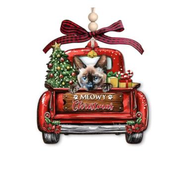 Imagem de Enfeite de Natal siamês - Linda decoração de Natal para amantes de gatos - Enfeite de caminhão vermelho de madeira de 3 camadas para donos de animais de estimação - Enfeite de pendurar para árvore de