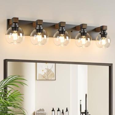 Imagem de Luminárias de banheiro de fazenda, luminárias de banheiro de madeira com 5 luzes sobre espelho, iluminação de parede de arandelas rústicas com sombra de vidro para sala de estar, quarto, corredor