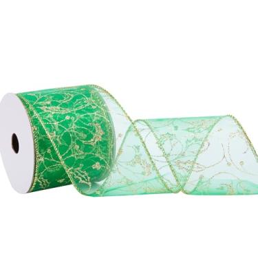 Imagem de QIANF Fita de organza verde com fio transparente com padrão de redemoinho de glitter e borda metálica, fita de malha de borda de arame de 6 cm x 10 metros para decoração de árvore de Natal, embrulho