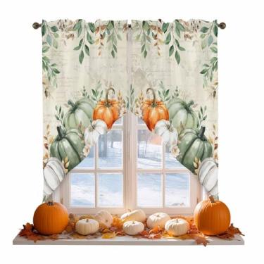 Imagem de Cortinas de outono para janelas, cortina de janela de cozinha com bolso de abóbora verde laranja branca sobre a pia, saia de outono para sala de estar quarto como decoração de ação de graças, 71 x 91