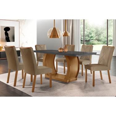 Imagem de Conjunto: Mesa Sala Jantar Jade c/ Tampo Madeirado c/ Vidro Canto Curvo 180x90cm e 6 cadeiras Amsterdã Imbuia/Grafite - Suede Capuccino - Rufato