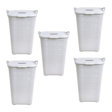 Imagem de Kit 5 Cestos Rattan Grande C/ Tampa Basculada Branco-Arqplast