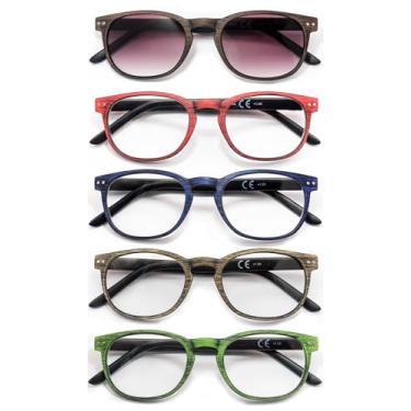 Imagem de HEEYYOK Óculos de leitura masculinos/femininos, pacote com 5, design de aparência de madeira com dobradiça flexível de mola, óculos de sol leves de uso confortável, incluindo 5 bolsas (1,50, pacote