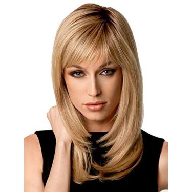 Imagem de ORAVISTA Peruca sintética loira reta longa para mulheres, resistente ao calor, estilo bob com franja lateral, visual natural para uso diário (loira, 53 cm)