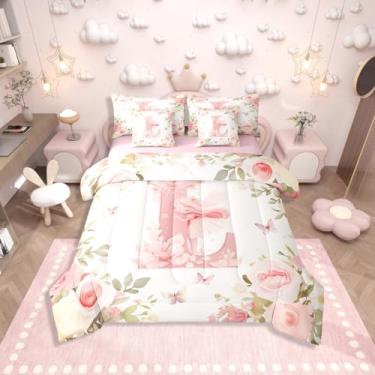 Imagem de Erosebridal Jogo de cama casal com desenho animado com letra G, 7 peças, princesa, floral, fada, rosa, rosa, conjunto de edredom para crianças, meninas e mulheres, conjunto de cama de flores e