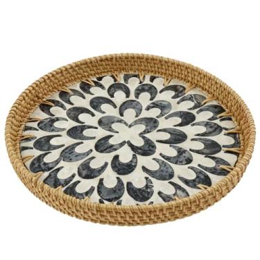 Imagem de Bandeja redonda de vime com mãe de embutimento, bandeja de servir de vime decorativa minimalista de 30 cm para decoração de casa, mesa de café, pão, comida, bandejas de chá, cesta de vime de frutas