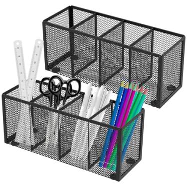 Imagem de 2 porta-canetas de malha, 3/4 compartimentos, organizador de lápis de metal, grande capacidade, organizador de mesa, armazenamento de utensílios para mesa de trabalho, escola, escritório (preto, grade