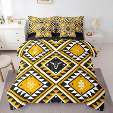 Imagem de Erosebridal Jogo de cama queen do sudoeste, conjunto de edredom de caveira de touro tribal étnico boêmio, casa de fazenda, decoração de quarto ocidental, étnico mexicano, geométrico, diamante