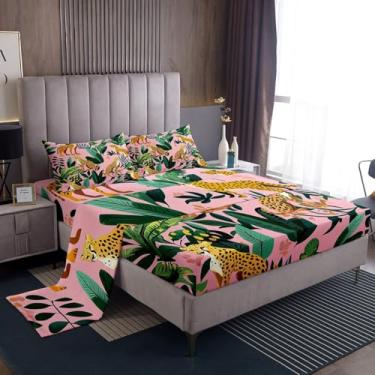 Imagem de Castle Fairy Jogo de lençol King com estampa de leopardo tropical, botânico, folhas de palmeira, animais de guepardo africano, para adolescentes e adultos, vida selvagem, 4 peças (elástico + plano + 2