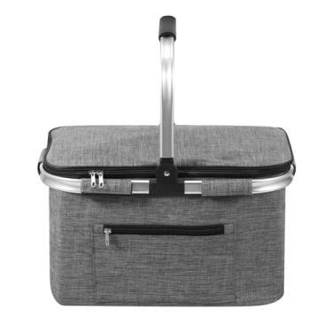 Imagem de Cesta de piquenique dobrável, refrigerador isolado, com alça e tampa acolchoadas, cesta de compras reutilizável com bolso externo com zíper para viagens e compras de piquenique (cinza)