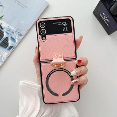 Imagem de Capa para Samsung Galaxy Z Flip6 de couro sintético com suporte magnético e carregador sem fio (para Samsung Galaxy Z Flip6/rosa)