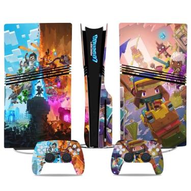 Imagem de MaD Vision Conjunto de películas de vinil extraduráveis para PS5 Pro + 5 pares de anéis de mira | Kit de adesivos resistentes a arranhões para PlayStation 5 + 2 controles – para design de Minecraft