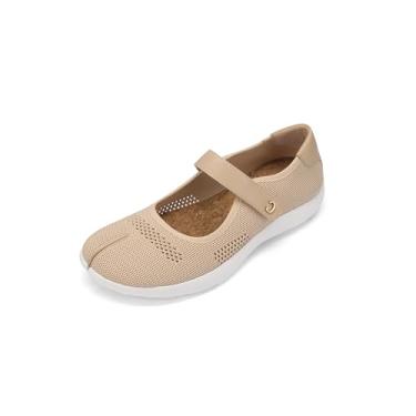 Imagem de Cuctos Sapatilha feminina de malha com tira no tornozelo respirável Mary Janes Ballet Comfort Tabi Mocassins casuais, Damasco, 38