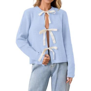 Imagem de Casaco de lã calbatic feminino de manga comprida, gravata borboleta az