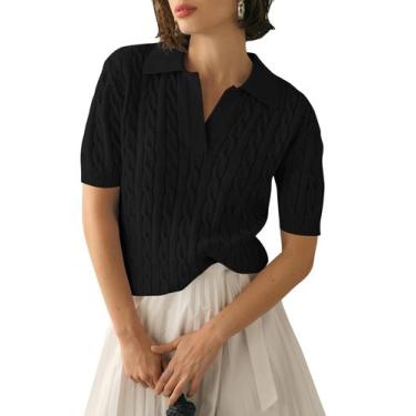 Imagem de Suéter feminino Micoson 2025, moderno, lapela, decote em V, polo preto