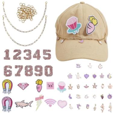 Imagem de SUNNYCLUE Kit de acessórios para chapéus, 155 peças, boné de caminhoneiro, corrente de aba, strass, número rosa, remendos bordados rosa, correntes de clipe de papel de aço inoxidável 304, pingentes